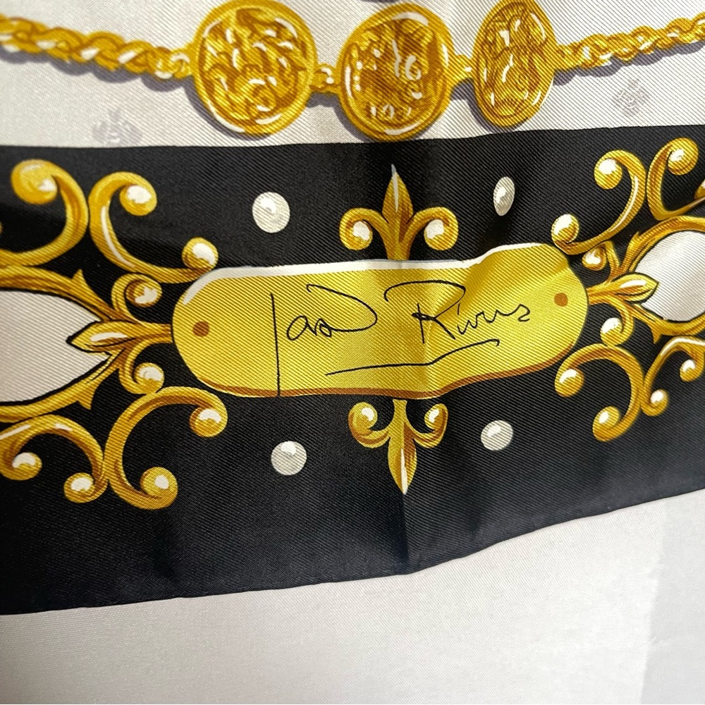Vintage Joan Rivers 100% Silk Scarf‎ | Black Gold Baroque Jewelry Print Square - Picture 3 of 12
